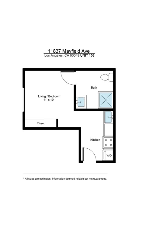 Floor plan for studio, 1 bath, 288 sqft